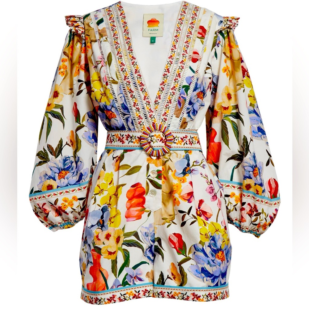 FARM Rio White Floral Long Sleeve V-Neck Dress Romper with Multicolor Belt